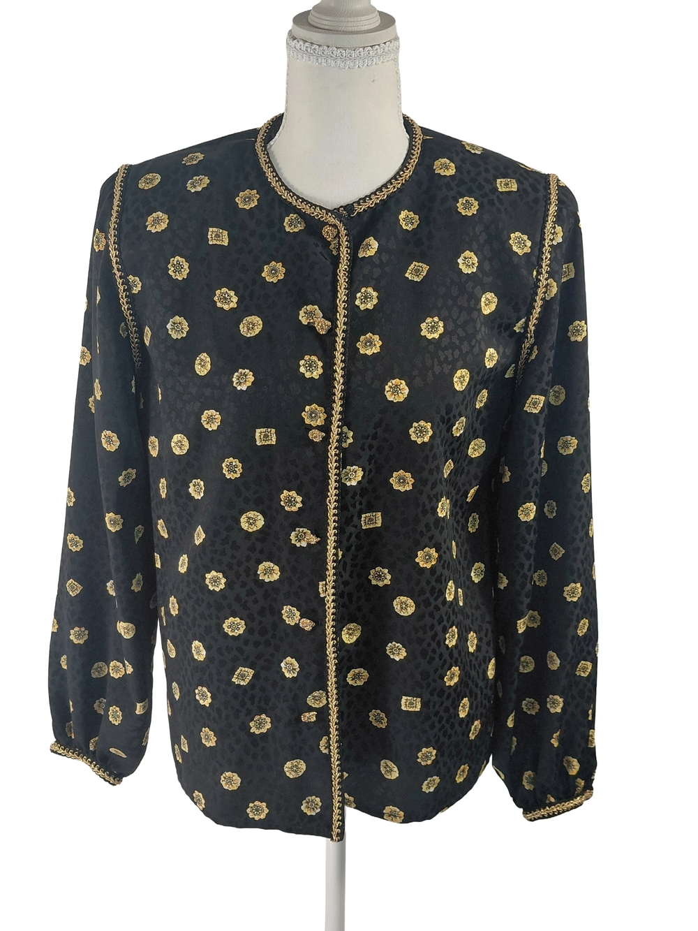 VTG Maggy London Brocade Womens Black Blouse with Gold Floral Motif Sz 4